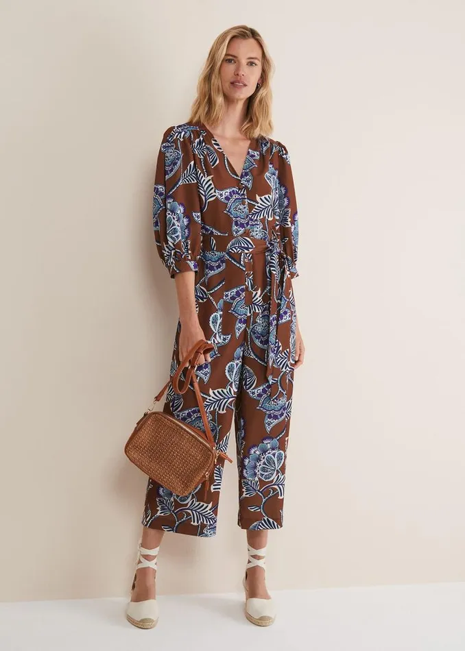 Phase Eight Dresses Erin Printed Cropped Leg Jumpsuit Orangeburgundy 8211 Women