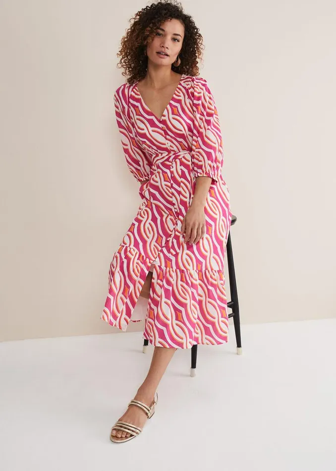 Phase Eight Dresses Georgie Cotton Geo Midi Dress Pink 8211 Women