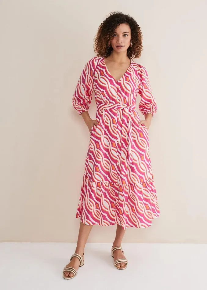 Phase Eight Dresses Georgie Cotton Geo Midi Dress Pink 8211 Women