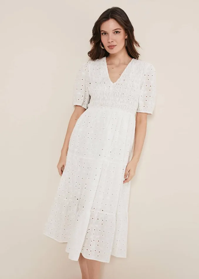 Phase Eight Dresses Gretta Broderie Midi Dress White 8211 Women