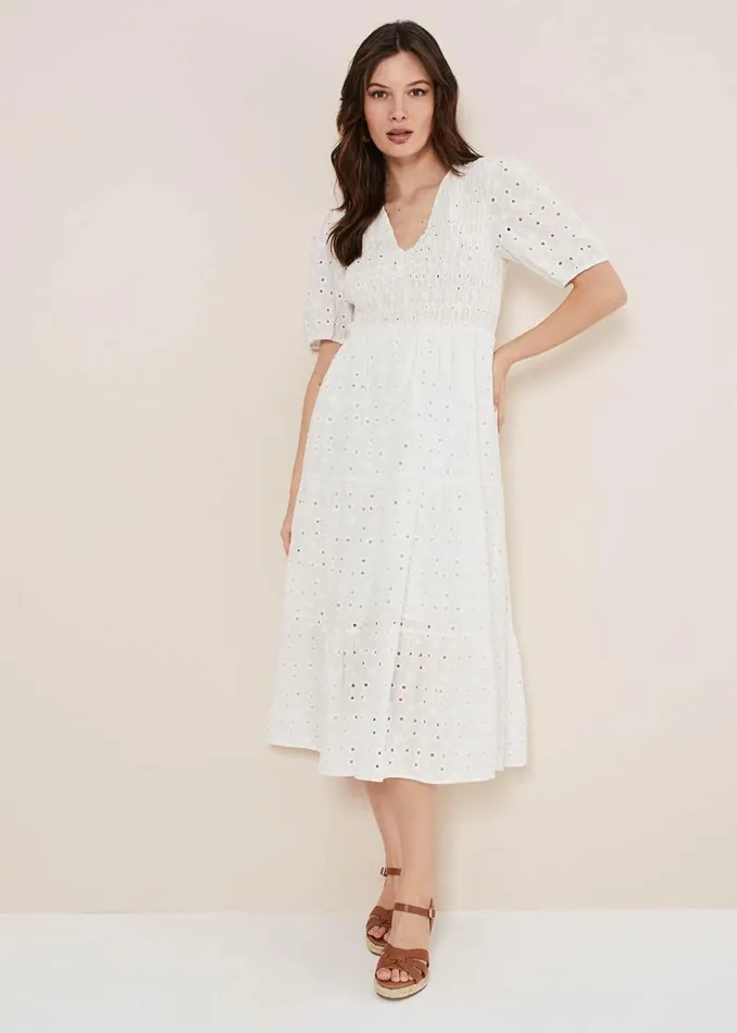 Phase Eight Dresses Gretta Broderie Midi Dress White 8211 Women
