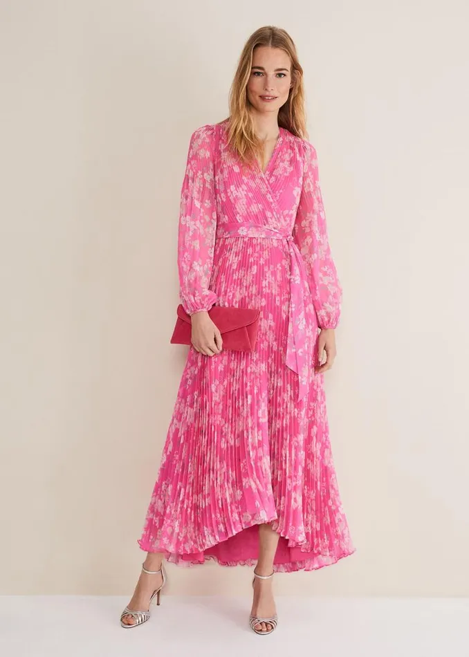 Phase Eight Dresses Hayley Floral Pleated Maxi Dress Neon Pink 8211 Women