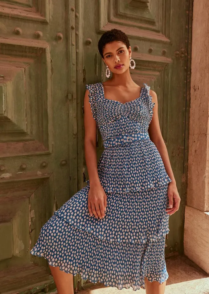 Phase Eight Dresses Lisha Spot Pleated Tiered Midi Dress Bluecream 8211 Women