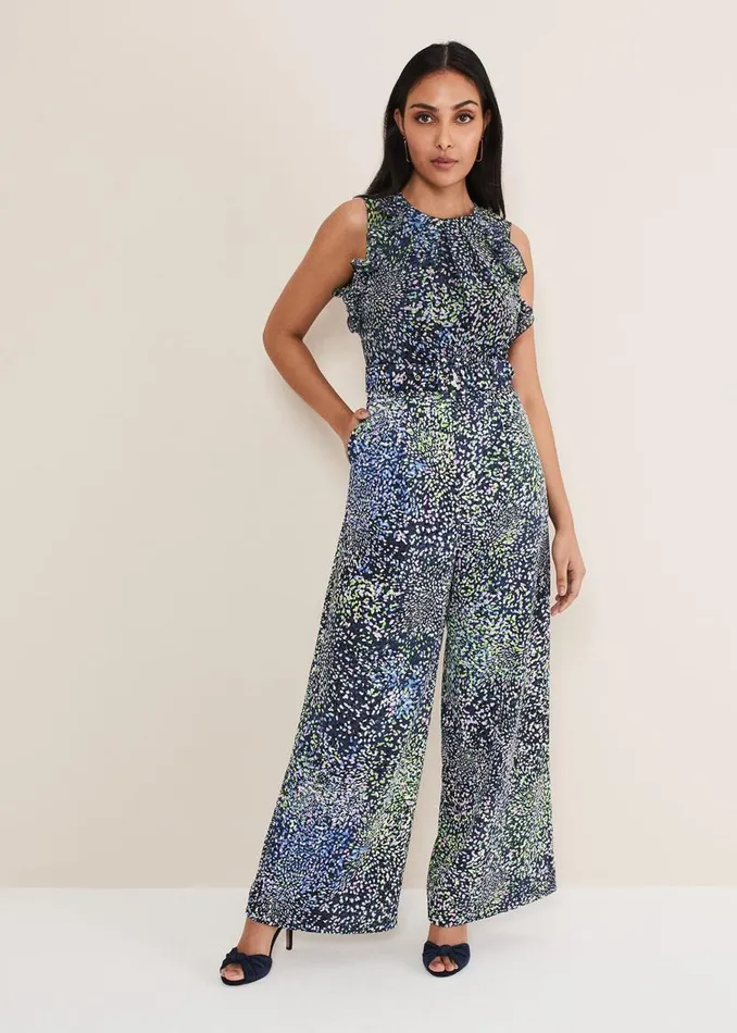 Phase Eight Dresses Petite Maggie Ruffle Printed Jumpsuit Navy Multi 8211 Women