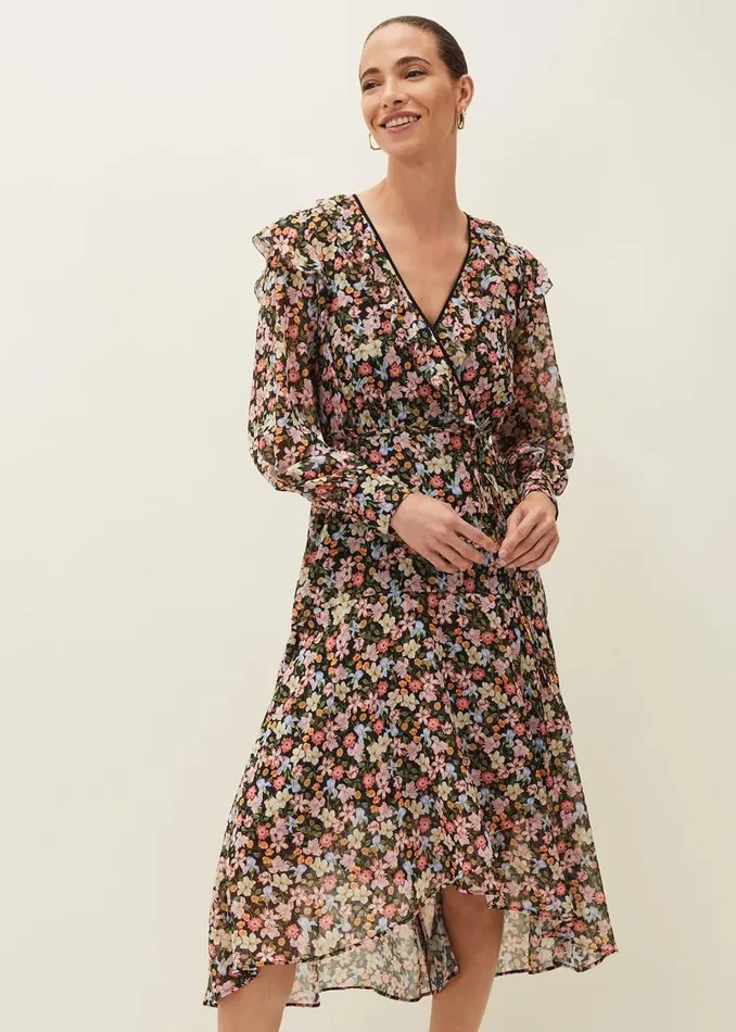 Phase Eight Dresses Sadie Floral Chiffon VNeck Midi Dress Blackmulti 8211 Women