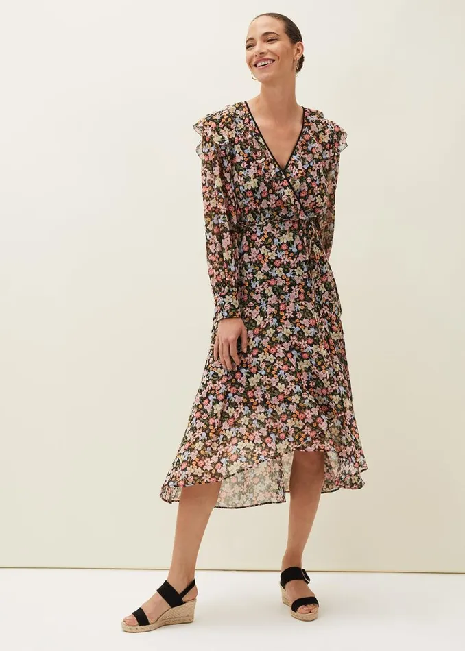 Phase Eight Dresses Sadie Floral Chiffon VNeck Midi Dress Blackmulti 8211 Women