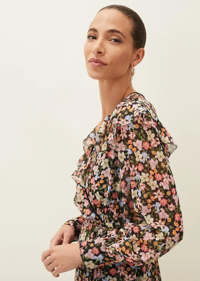 Phase Eight Dresses Sadie Floral Chiffon VNeck Midi Dress Blackmulti 8211 Women