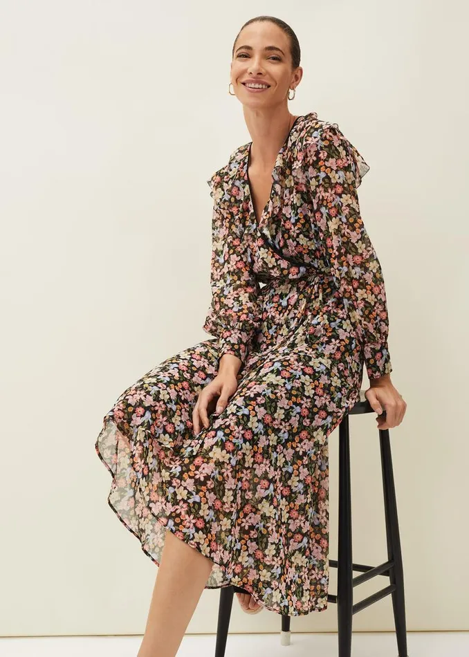 Phase Eight Dresses Sadie Floral Chiffon VNeck Midi Dress Blackmulti 8211 Women