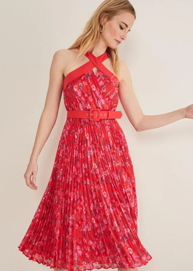 Phase Eight Dresses Zoya Pleat Midi Floral Dress Redpink 8211 Women