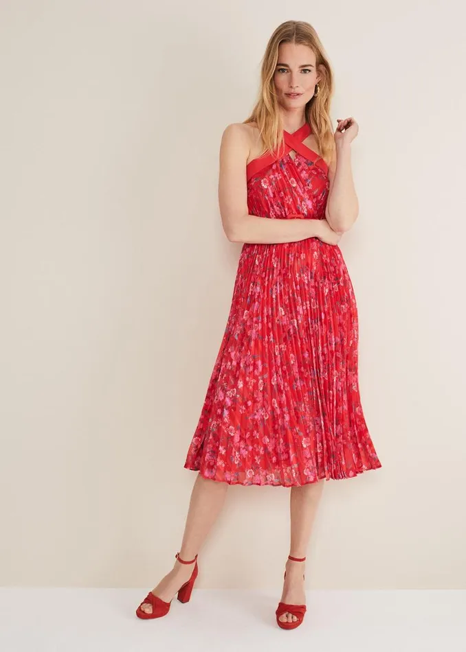 Phase Eight Dresses Zoya Pleat Midi Floral Dress Redpink 8211 Women