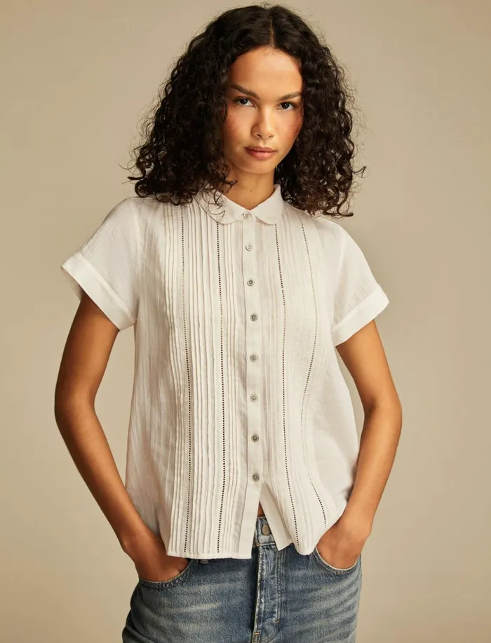 Pintuck Peter Pan Blouse Bright White Women Lucky Brand Blouses