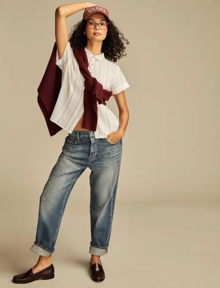 Pintuck Peter Pan Blouse Bright White Women Lucky Brand Blouses