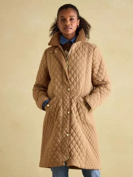 Raincoats Women Joules Tan Brown Showerproof Longline Diamond Quilted Coat