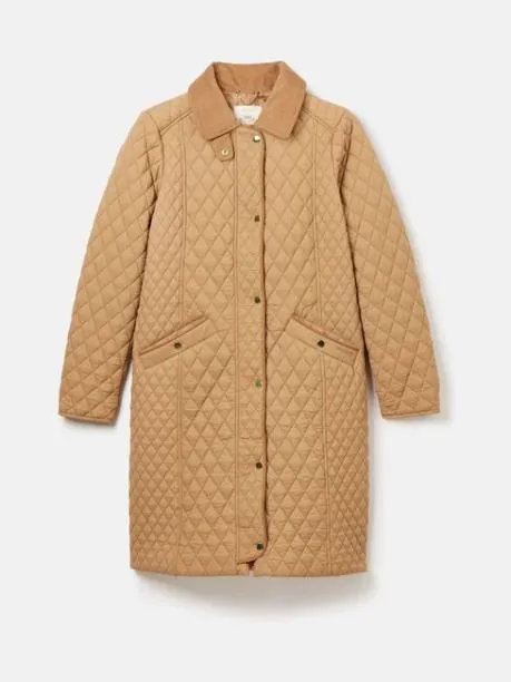 Raincoats Women Joules Tan Brown Showerproof Longline Diamond Quilted Coat