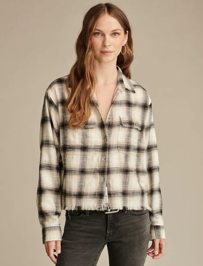 Raw Edge Flannel Cropped Button Down Shirt Cream Black Plaid Women Lucky Brand Blouses Raw Edge Flannel Cropped Button Down Shirt Cream Black Plaid Women Lucky Brand Blouses