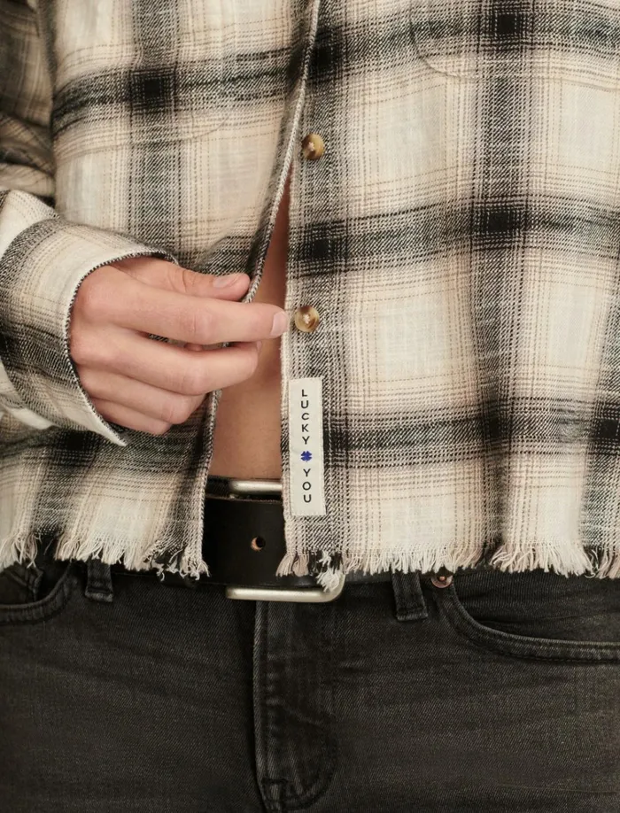 Raw Edge Flannel Cropped Button Down Shirt Cream Black Plaid Women Lucky Brand Blouses