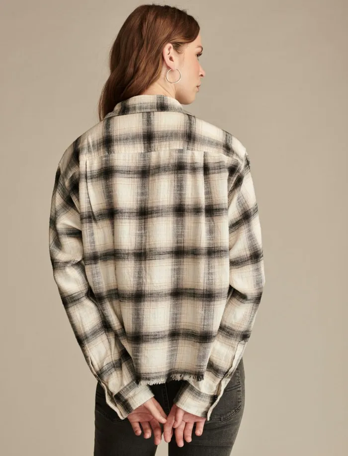 Raw Edge Flannel Cropped Button Down Shirt Cream Black Plaid Women Lucky Brand Blouses