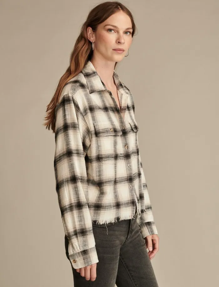 Raw Edge Flannel Cropped Button Down Shirt Cream Black Plaid Women Lucky Brand Blouses