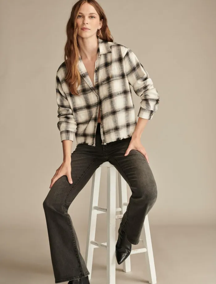 Raw Edge Flannel Cropped Button Down Shirt Cream Black Plaid Women Lucky Brand Blouses