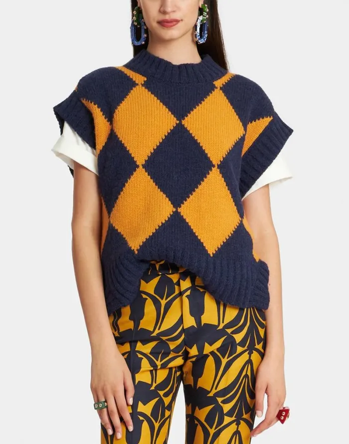 Ready To Wear Knitwear La Double J Argyle Gilet Navy and Yellow