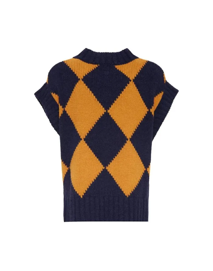 Ready To Wear Knitwear La Double J Argyle Gilet Navy and Yellow Ready To Wear Knitwear La Double J Argyle Gilet Navy and Yellow