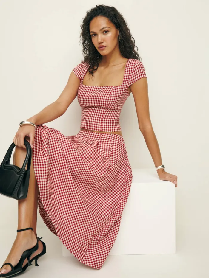 Reformation Dresses Savannah Linen Two Piece Tomato Check 8211 Women