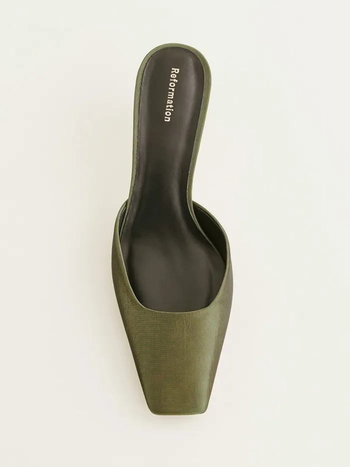 Reformation Heels Daniela Kitten Mule Army Taffeta 8211 Women Reformation Heels Daniela Kitten Mule Army Taffeta 8211 Women