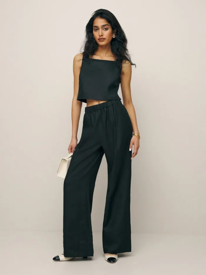 Reformation Pants Petites Fernando Wide Leg Linen Pant Black 8211 Women