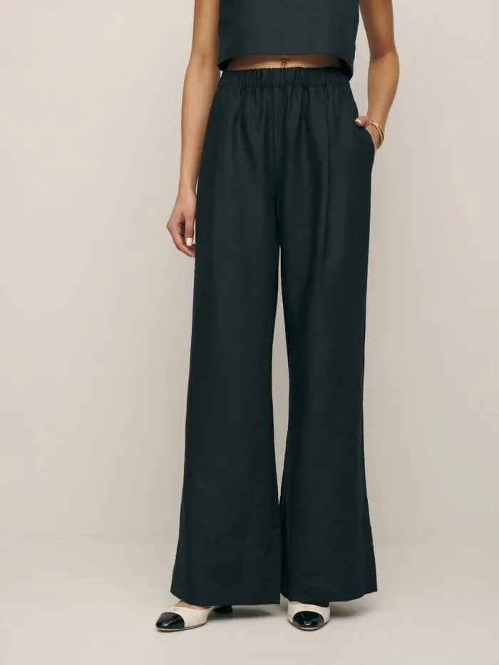 Reformation Pants Petites Fernando Wide Leg Linen Pant Black 8211 Women