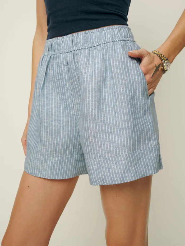 Reformation Shorts Charlotte Linen Short Cornflower Stripe 8211 Women