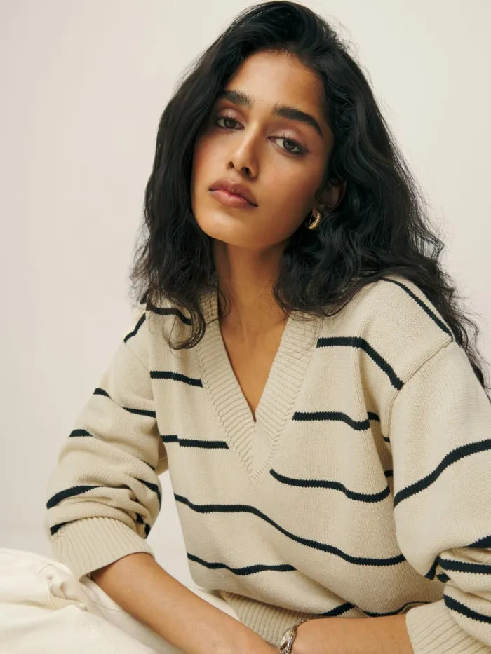 Reformation Sweaters Sienna Oversized Cotton V Neck Sweater Birch With Black Stripe 8211 Women Reformation Sweaters Sienna Oversized Cotton V Neck Sweater Birch With Black Stripe 8211 Women