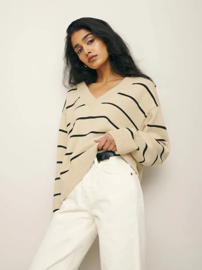 Reformation Sweaters Sienna Oversized Cotton V Neck Sweater Birch With Black Stripe 8211 Women Reformation Sweaters Sienna Oversized Cotton V Neck Sweater Birch With Black Stripe 8211 Women