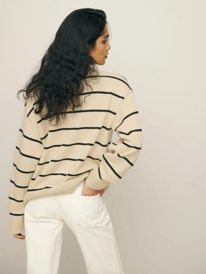Reformation Sweaters Sienna Oversized Cotton V Neck Sweater Birch With Black Stripe 8211 Women Reformation Sweaters Sienna Oversized Cotton V Neck Sweater Birch With Black Stripe 8211 Women