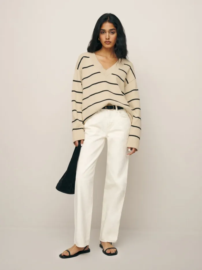 Reformation Sweaters Sienna Oversized Cotton V Neck Sweater Birch With Black Stripe 8211 Women Reformation Sweaters Sienna Oversized Cotton V Neck Sweater Birch With Black Stripe 8211 Women