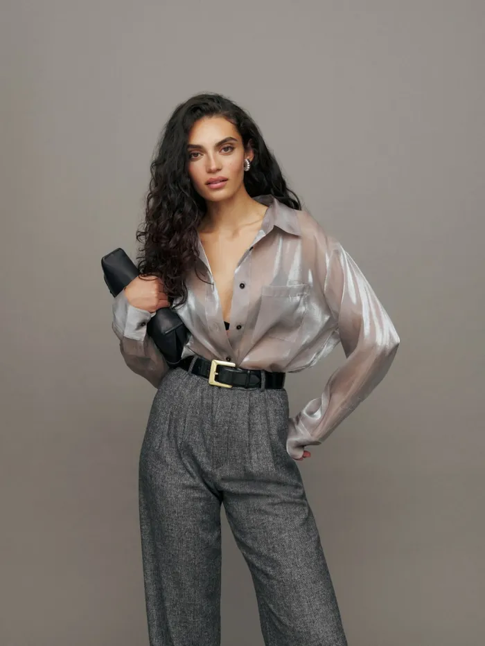 Reformation Tops Will Oversized Sheer Shirt Silver 8211 Women