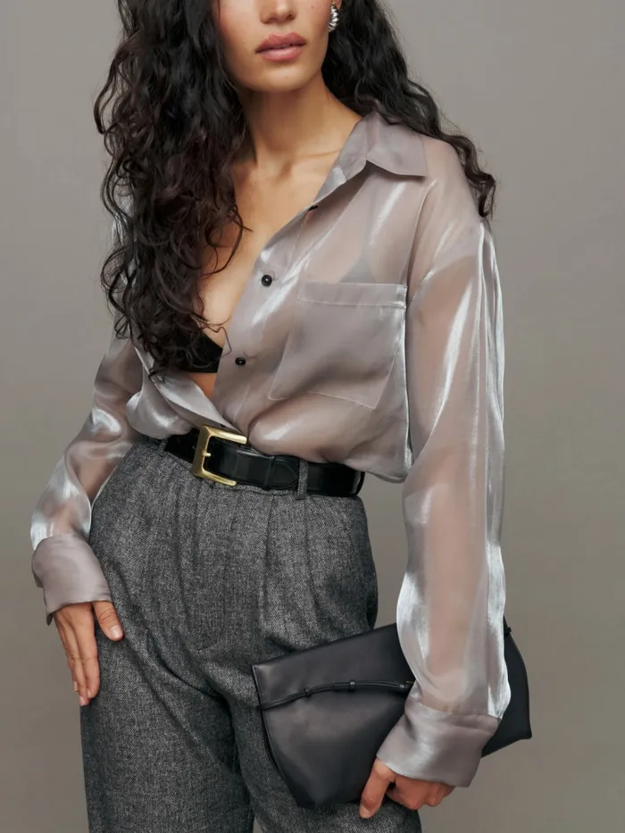 Reformation Tops Will Oversized Sheer Shirt Silver 8211 Women Reformation Tops Will Oversized Sheer Shirt Silver 8211 Women