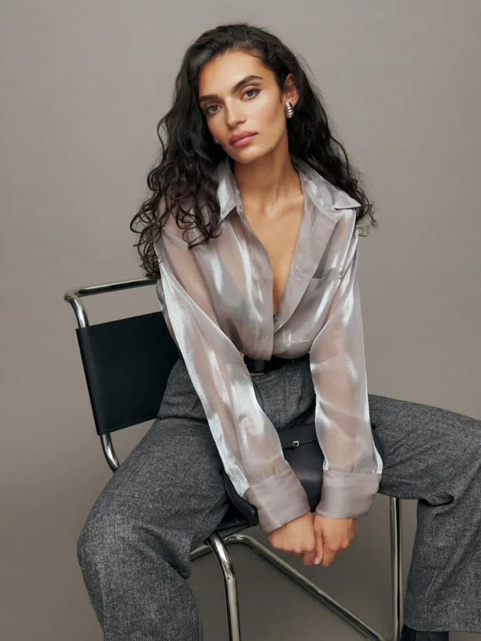 Reformation Tops Will Oversized Sheer Shirt Silver 8211 Women Reformation Tops Will Oversized Sheer Shirt Silver 8211 Women