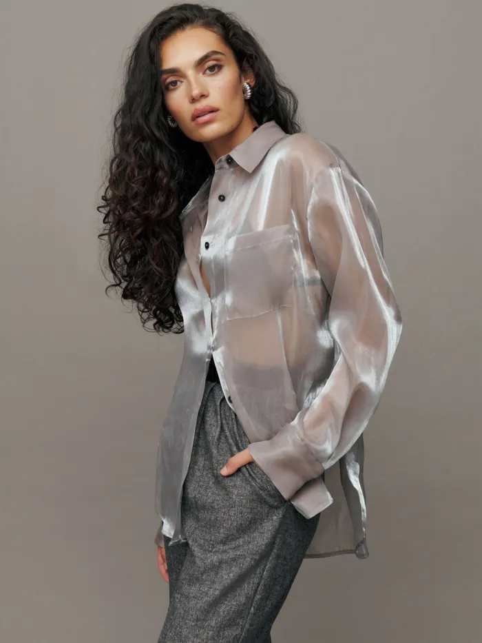 Reformation Tops Will Oversized Sheer Shirt Silver 8211 Women Reformation Tops Will Oversized Sheer Shirt Silver 8211 Women