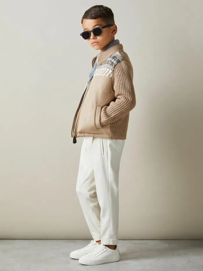 REISS Coats and Jackets Children Hybrid Knit And Quilt Funnel Neck Jacket Oatmeal Melange