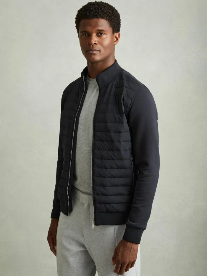 REISS Coats and Jackets Men Hybrid Quilt And Knit ZipThrough Jacket Navy