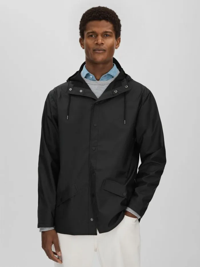 REISS Coats and Jackets Men Rains Unisex Hooded Raincoat Black