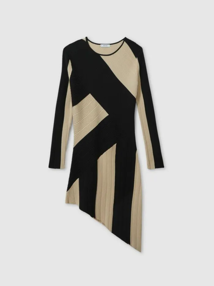REISS Dresses Children Knitted Colourblock Asymmetric Dress Blackecru