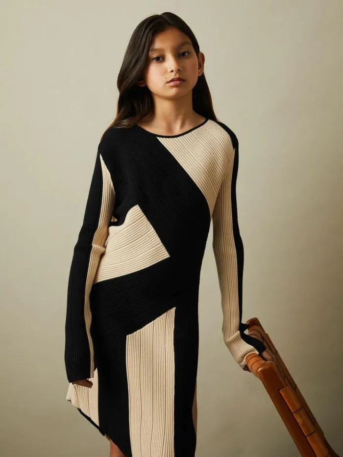 REISS Dresses Children Knitted Colourblock Asymmetric Dress Blackecru