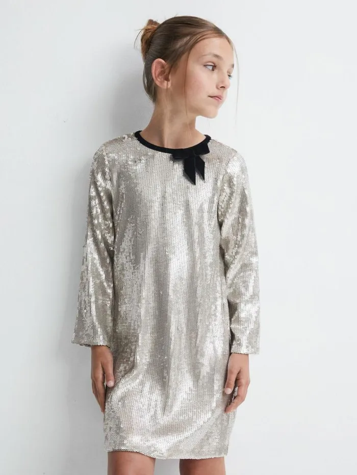 REISS Dresses Children Sequin Bow Dress Silver