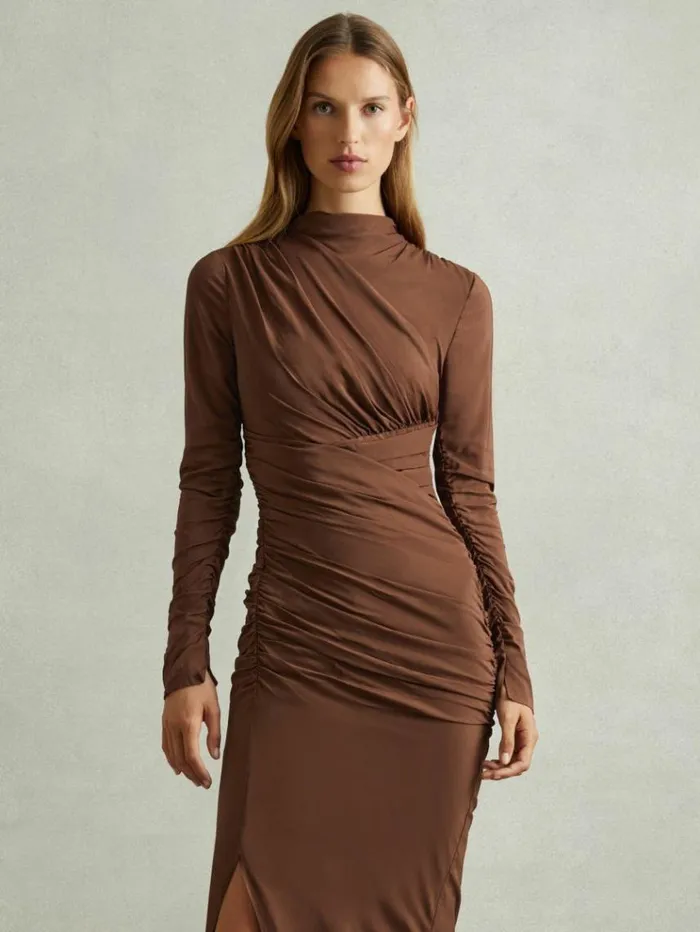 REISS Dresses Women Jersey Ruched Midi Dress Chocolate