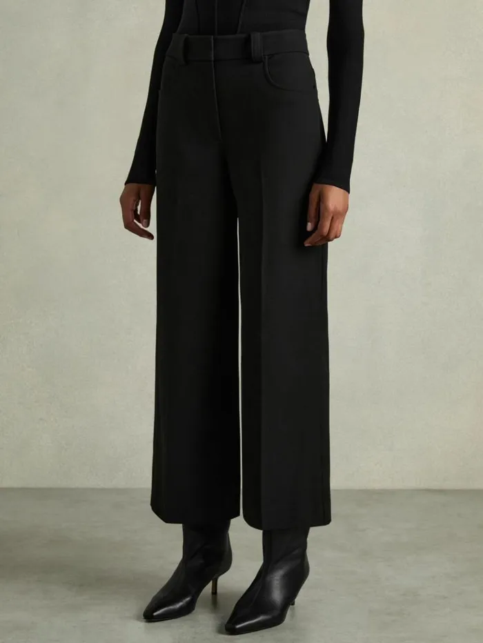 REISS Pants Women Cropped WideLeg Twill Trousers Black