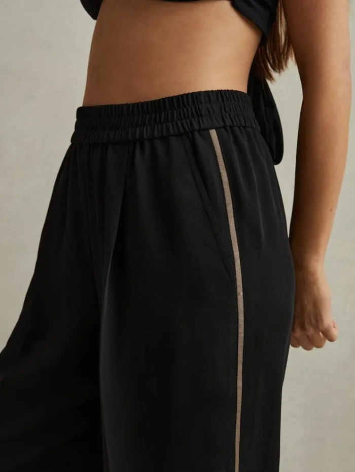 REISS Pants Women Elasticated Side Stripe Tapered Trousers Black