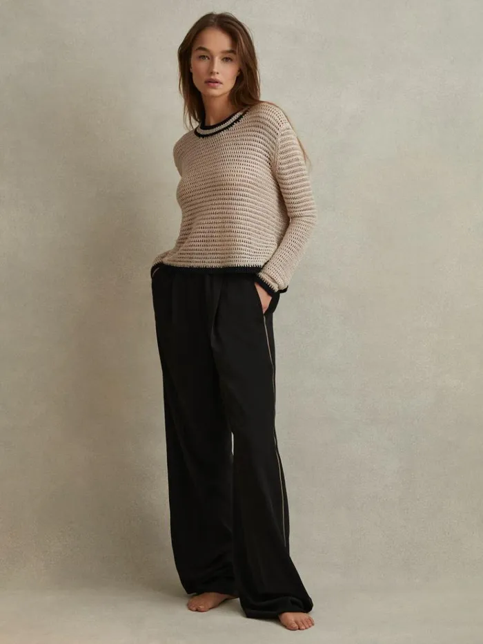 REISS Pants Women Elasticated Side Stripe Tapered Trousers Black