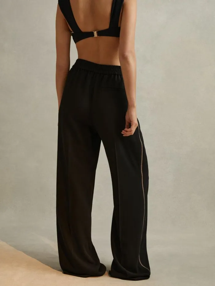 REISS Pants Women Elasticated Side Stripe Tapered Trousers Black