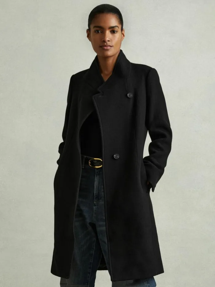 REISS Petite Women WoolBlend Longline DoubleBreasted Coat Black